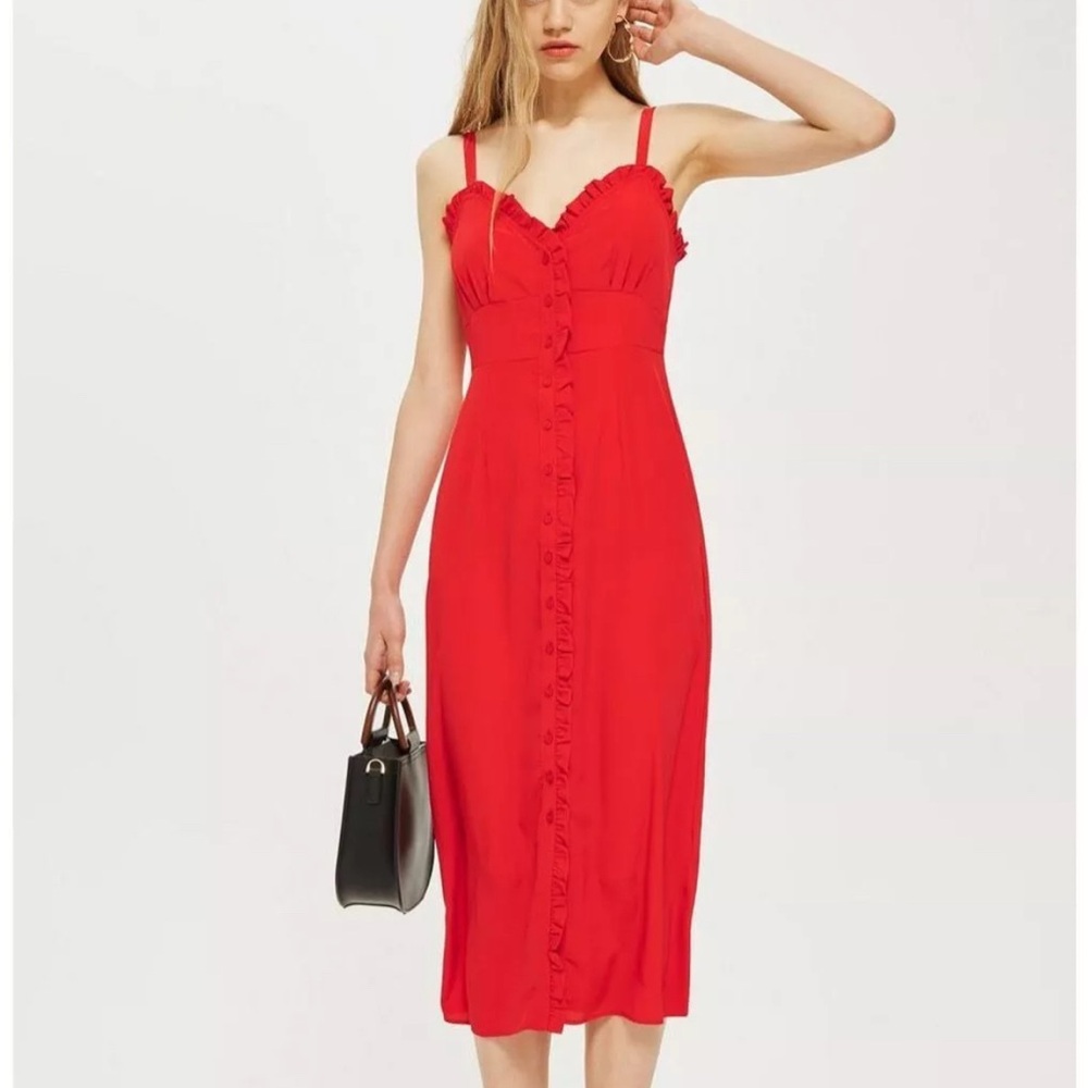TopShop Red Button Down Ruffle Trim Dress Midi Length Women's Size 8